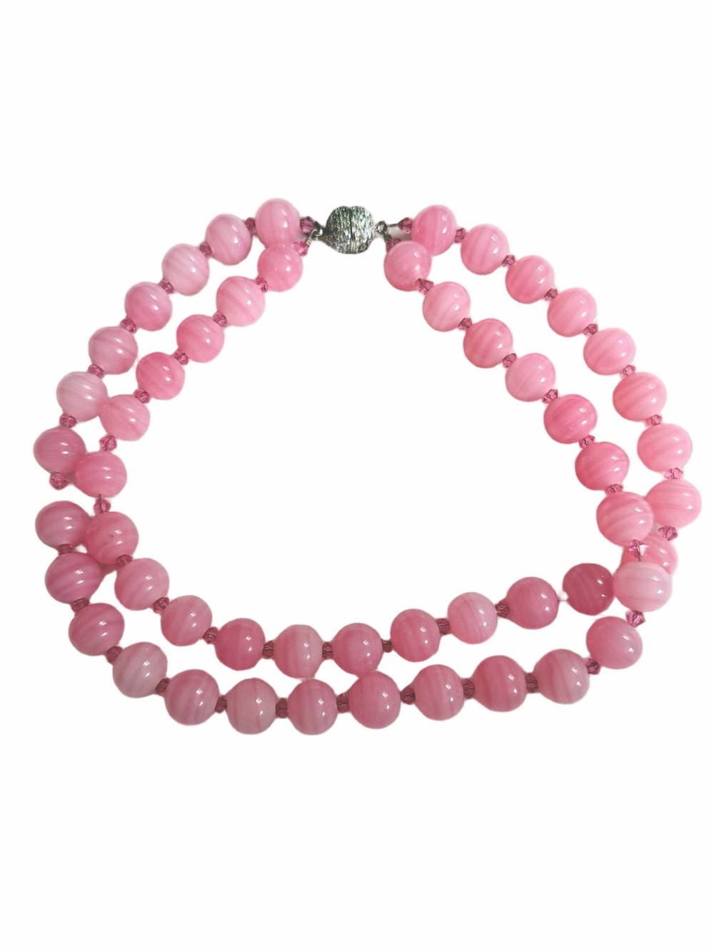 KEP Designs Double Strand Pink Beads Choker Necklace Rhinestone Screw Clasp - Picture 2 of 6